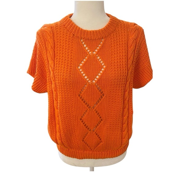Vintage Handmade Womens Orange Crochet Short Sleeve Sweater - Picture 2 of 5